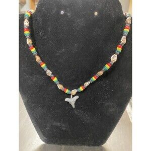 Rasta Shark Tooth Necklace w/ Shells & Wood Beads  Fossil Tooth | Surfer Choker
